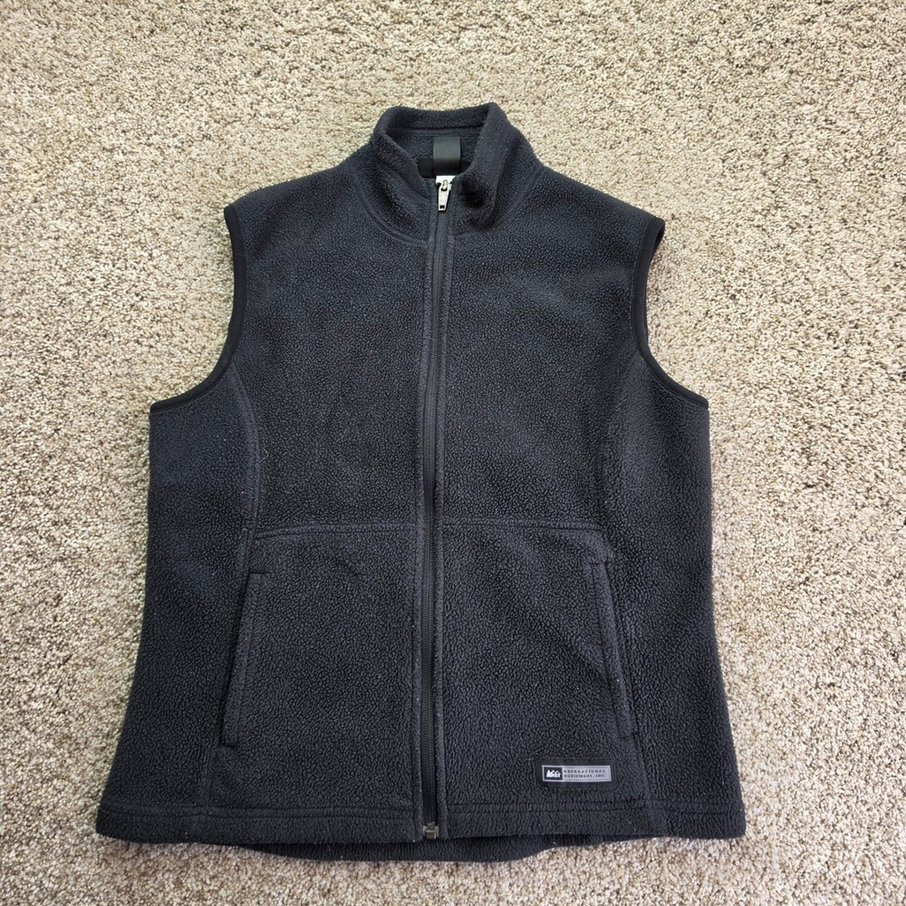 VINTAGE REI Fleece Vest Women XS Black Gray Full Zip Sleeveless Jacket Outdoor - Picture 2 of 9